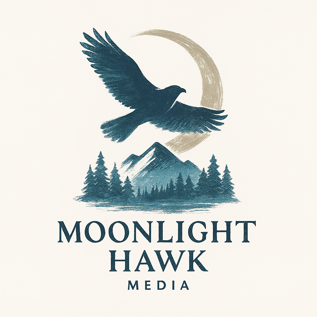 Moonlight Hawk Media — a hawk in flight beneath a crescent moon above a mountain landscape